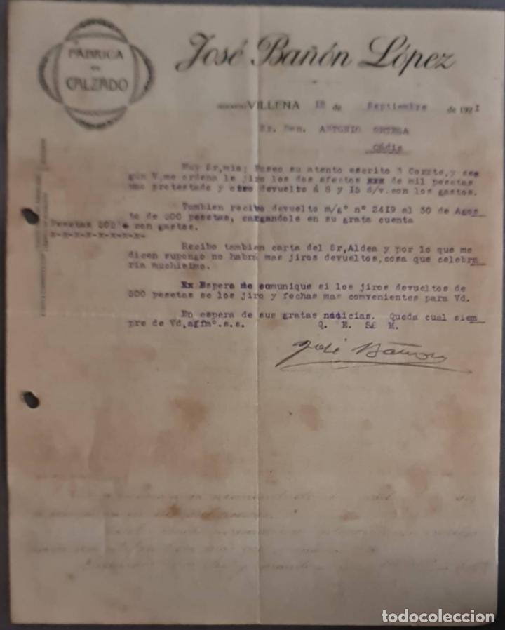 Cartas comerciales: Jos&eacute; Ba&ntilde;&oacute;n L&oacute;pez. F&aacute;brica de calzado. Villena. Alicante. Espa&ntilde;a 1921
