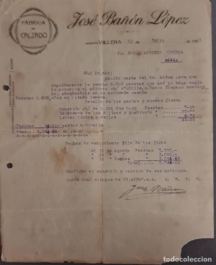 Cartas comerciales: Jos&eacute; Ba&ntilde;&oacute;n L&oacute;pez. F&aacute;brica de calzado. Villena. Alicante. Espa&ntilde;a 1921