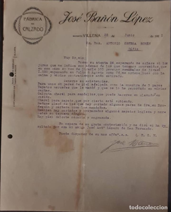 Cartas comerciales: Jos&eacute; Ba&ntilde;&oacute;n L&oacute;pez. F&aacute;brica de calzado. Villena. Alicante. Espa&ntilde;a 1921