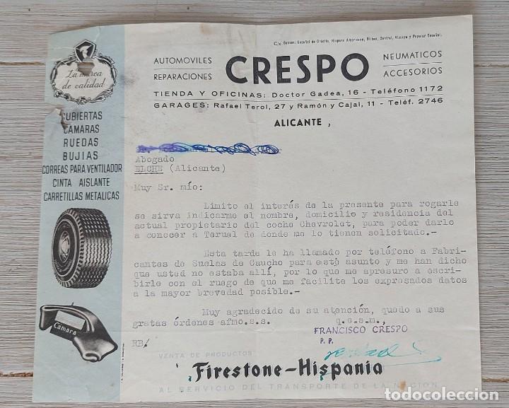 Cartas comerciales: ANTIGUA Y BONITA CARTA DE CRESPO AUTOMOVILES REPARACIONES ALICANTE - TALLER MECANICO Y TIENDA - 1948