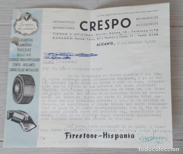 Cartas comerciales: ANTIGUA Y BONITA CARTA DE CRESPO AUTOMOVILES REPARACIONES ALICANTE - TALLER MECANICO Y TIENDA - 1948
