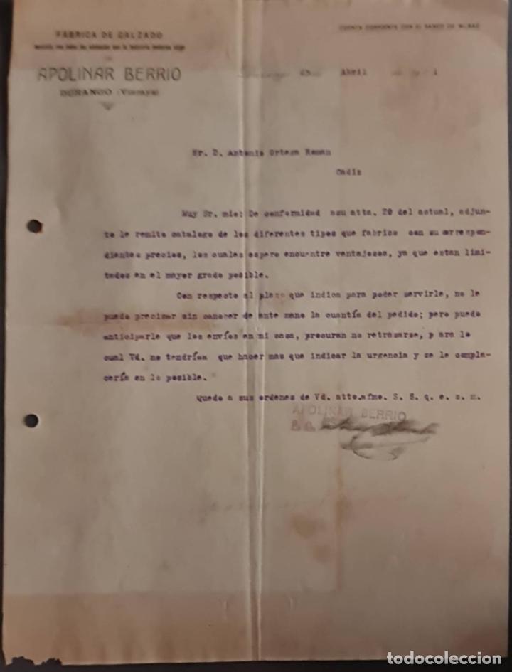 Cartas comerciales: Apolinar Berrio. F&aacute;brica de calzado. Durango. Vizcaya. Espa&ntilde;a 1921