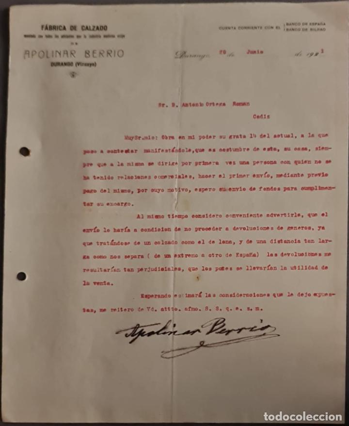 Lettres commerciales: Apolinar Berrio. F&aacute;brica de calzado. Durango. Vizcaya. Espa&ntilde;a 1921