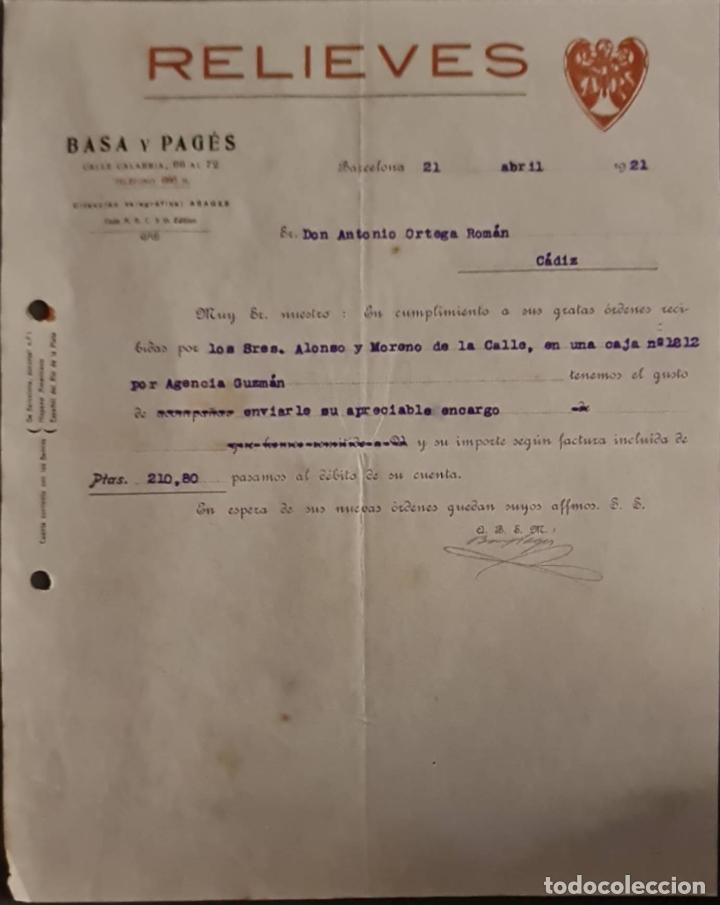 Cartas comerciales: Basa y Pag&eacute;s. Relieves. Barcelona. Espa&ntilde;a 1921