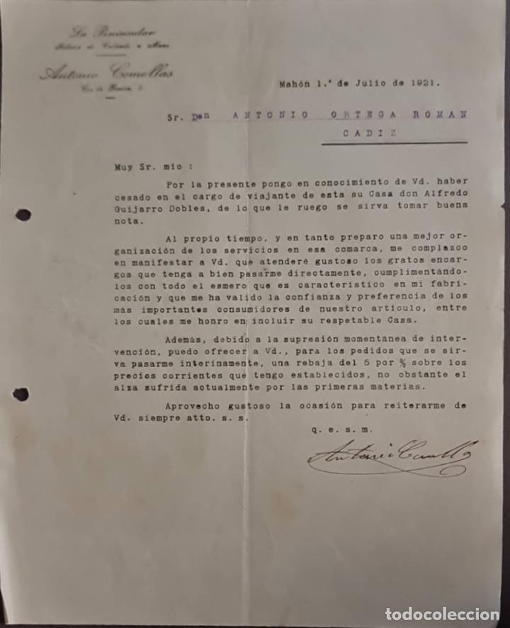 Cartas comerciales: Antonio Comellas. La Peninsular. F&aacute;brica de calzado a mano. Mah&oacute;n. Espa&ntilde;a 1921