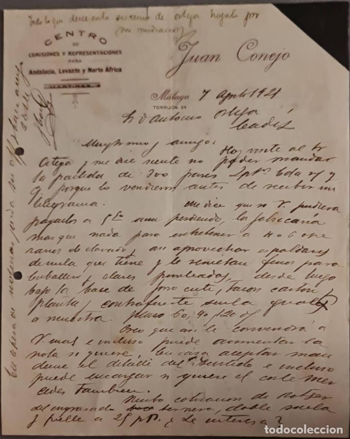 Cartas comerciales: Juan Conejo. Centro de Comisiones y Representaciones. M&aacute;laga. Espa&ntilde;a 1921
