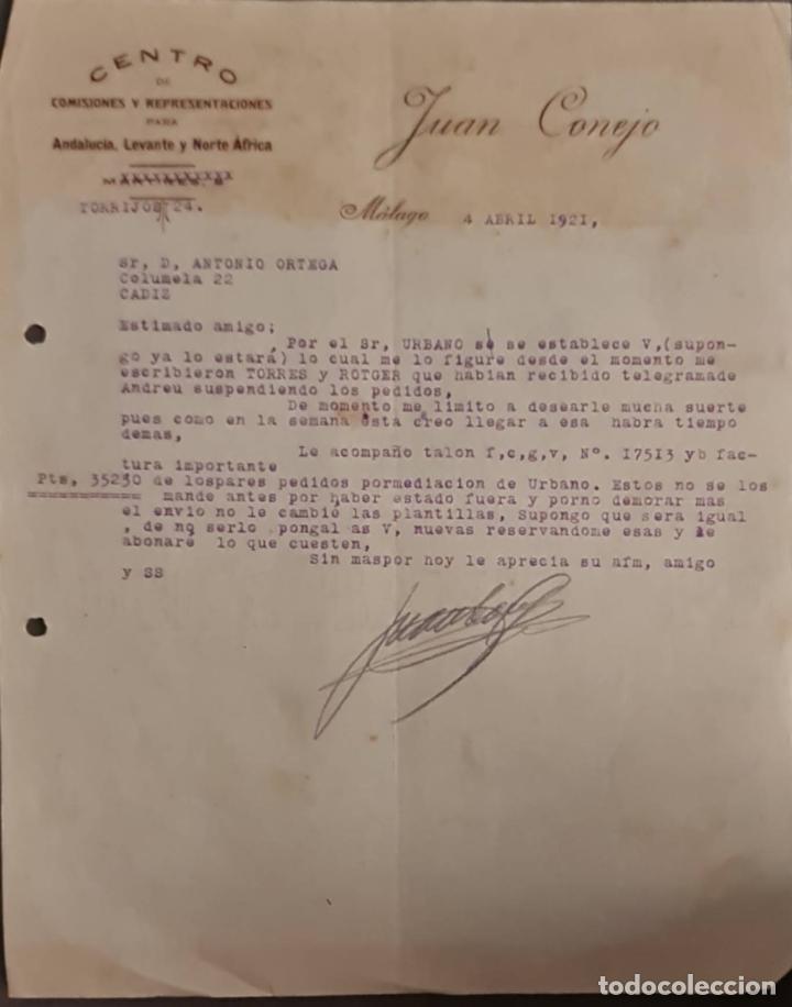 Cartas comerciales: Juan Conejo. Centro de Comisiones y Representaciones. M&aacute;laga. Espa&ntilde;a 1921
