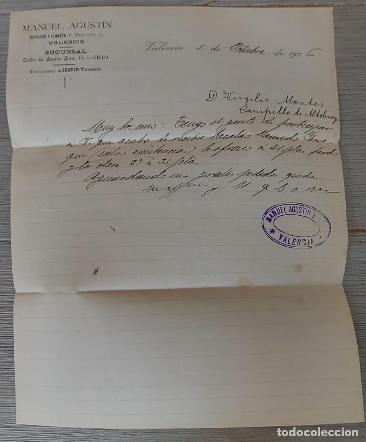 Cartas comerciales: ANTIGUA CARTA DE MANUEL AGUST&Iacute;N - TELEGRAMA - VALENCIA DESPACHO Y ALAMCEN - A&Ntilde;O 1906 - EN BUEN ESTAD