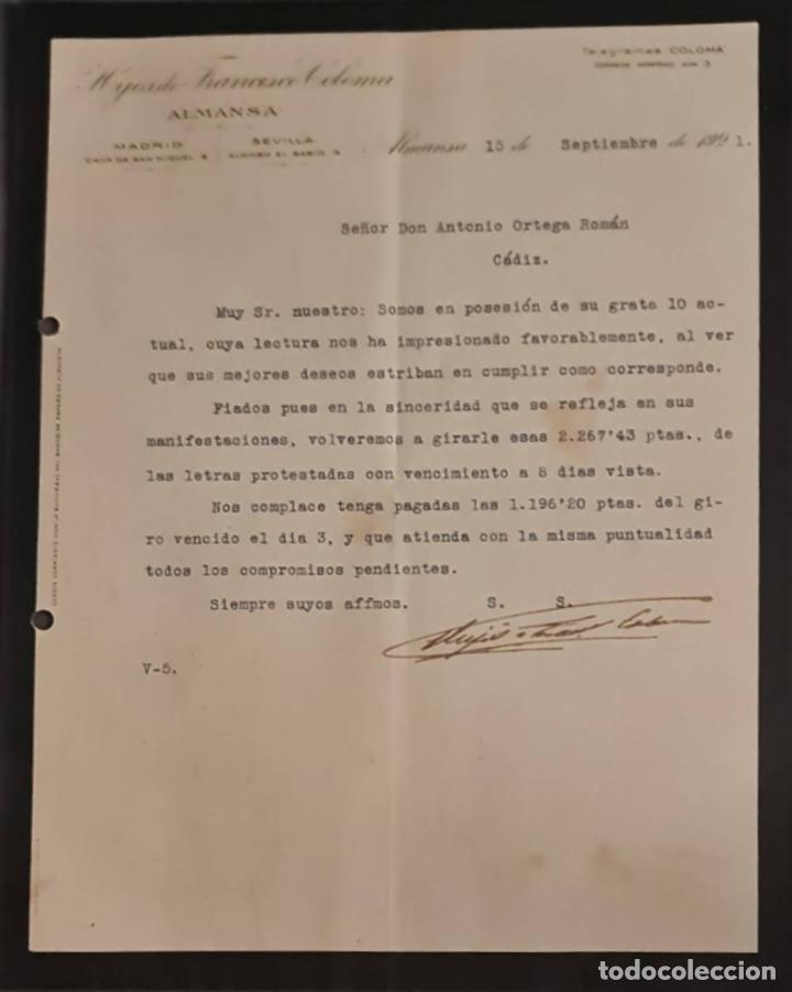 Cartas comerciales: Hijos de Franc&iacute;sco Coloma. Almansa. Espa&ntilde;a 1921