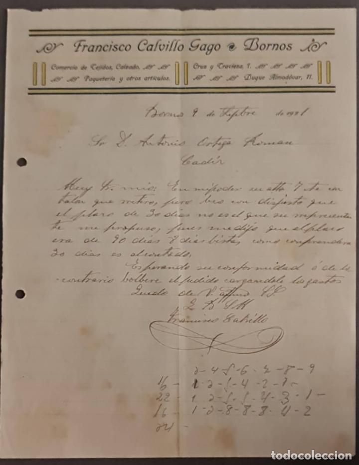 Cartas comerciales: Franc&iacute;sco Calvillo Gago. Comercio de Tejidos y Calzados. Bornos. C&aacute;diz. Espa&ntilde;a 1921