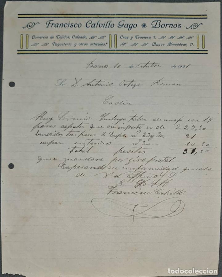 Cartas comerciais: Franc&iacute;sco Calvillo Gago. Comercio de Tejidos y Calzados. Bornos. C&aacute;diz. Espa&ntilde;a 1921