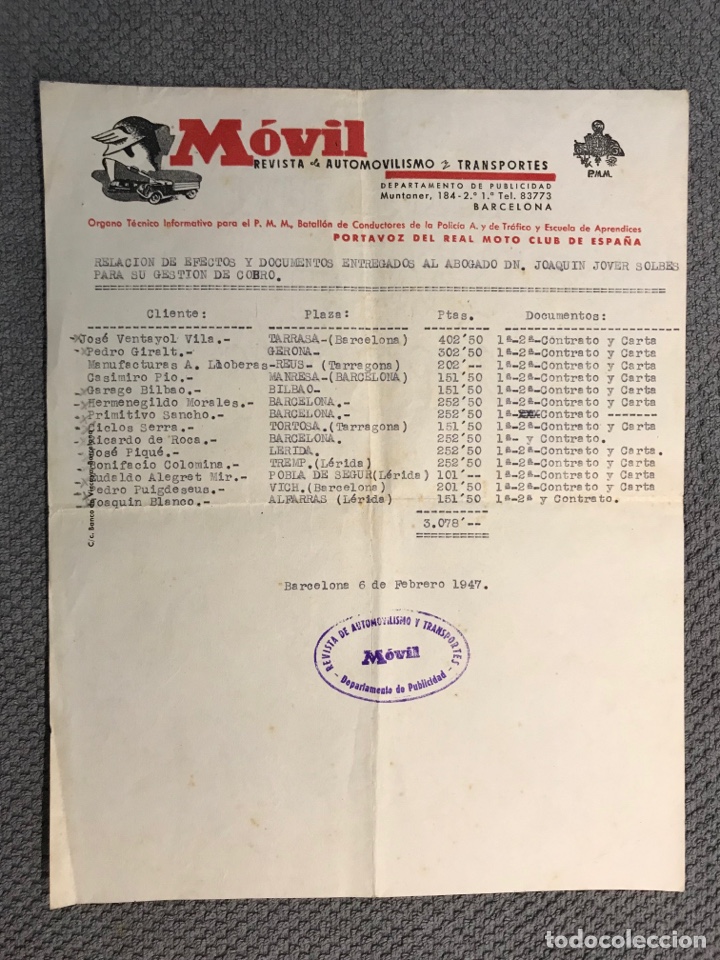 Commercial Letters: MOVIL Revista de autom&oacute;vilismo y transportes.., Factura gesti&oacute;n de cobros y morosos (a.1947)