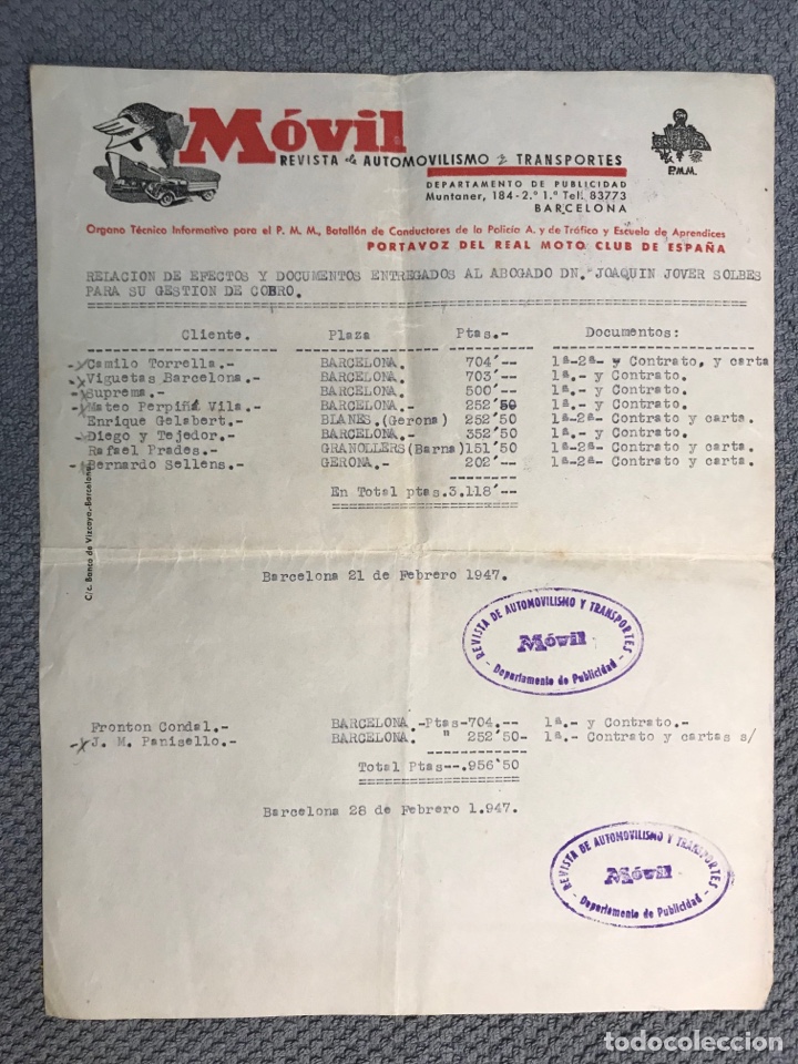 Commercial Letters: MOVIL Revista de autom&oacute;vilismo y transportes.., Factura gesti&oacute;n de cobros y morosos (a.1947)
