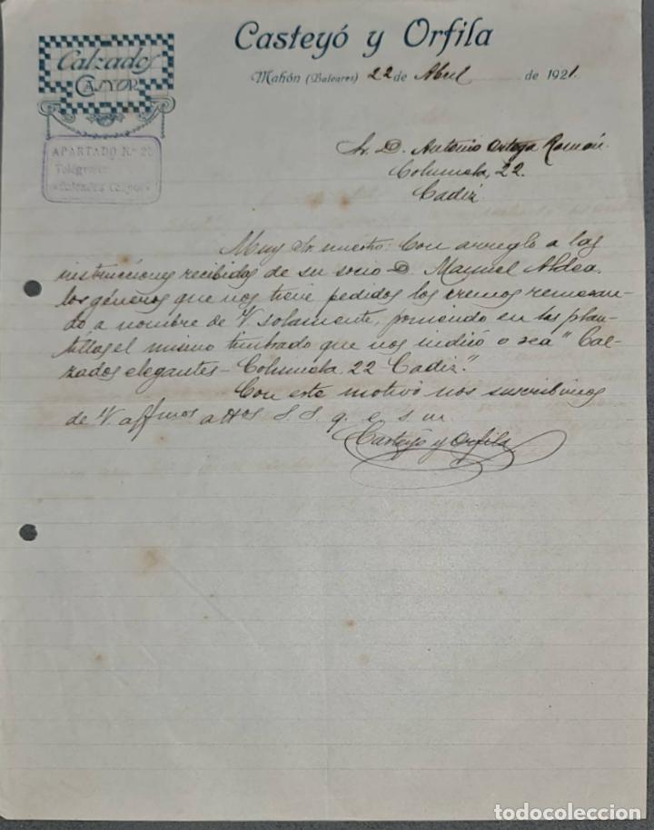 Cartas comerciais: Castey&oacute; y Orfila. Calzados Casyor. Mah&oacute;n. Baleares. Espa&ntilde;a 1921