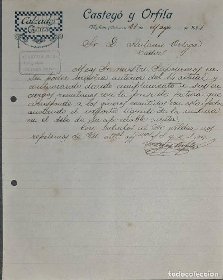 Cartas comerciais: Castey&oacute; y Orfila. Calzados Casyor. Mah&oacute;n. Baleares. Espa&ntilde;a 1921