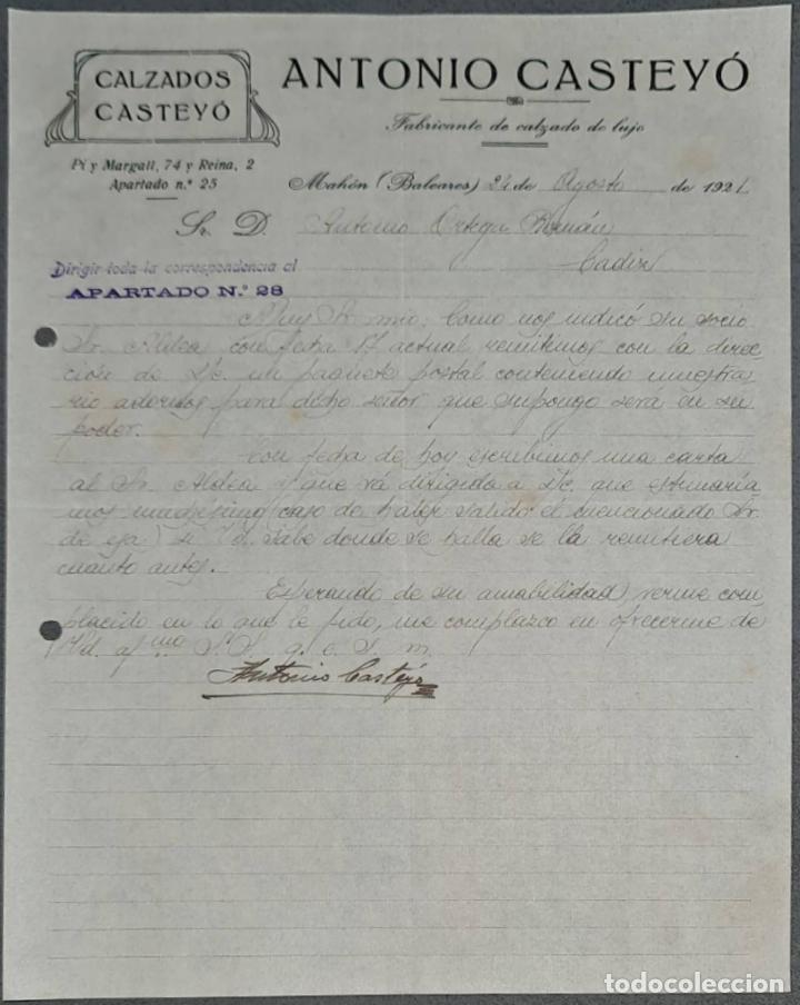 Cartas comerciais: Antonio Castey&oacute;, Calzados Castey&oacute;. Fabricaci&oacute;n de calzado de lujo. Mah&oacute;n. Baleares. Espa&ntilde;a 1921