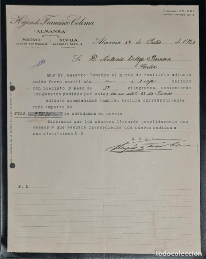 Cartas comerciais: Hijos de Franc&iacute;sco Coloma. Almansa. Espa&ntilde;a 1921
