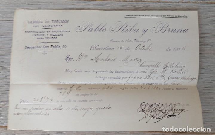 Cartas comerciais: ANTIGUA CARTA COMERCIAL DE PABLO RIBA Y BRUNA EN BARCELONA - FABRICA DE TORCIDOS DE ALGODON ESPECIAL