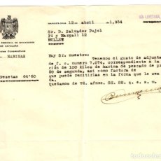 Cartas comerciales: ASOCIACIÓN REGIONAL DE GANADEROS DE CATALUÑA - SERV. COOPERATIVOS - SEC. HARINAS - 12.04.1934. Lote 269348908