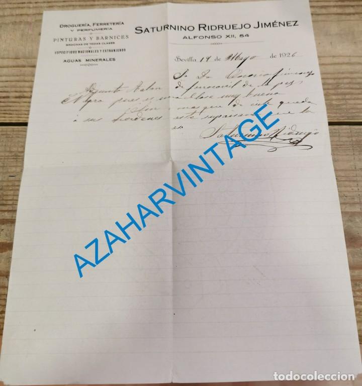 Cartas comerciais: SEVILLA, 1926, CARTA COMERCIAL SATURNINO RIDRUEJO, DROGUERIA, FERRETERIA Y PERFUMERIA