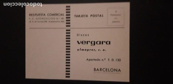 Cartas comerciais: 1 TARJETA POSTAL **. RESPUESTA COMERCIAL. DISCOS VERGARA . BARCELONA ** 1963..