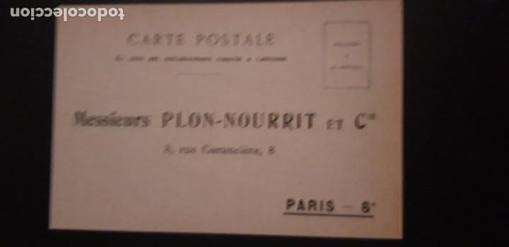 Cartas comerciais: 1 TARJETA POSTAL **. RESPUESTA COMERCIAL. MESSIEURS PLON-NOURRIT ET CIE...PARIS 6. ** .