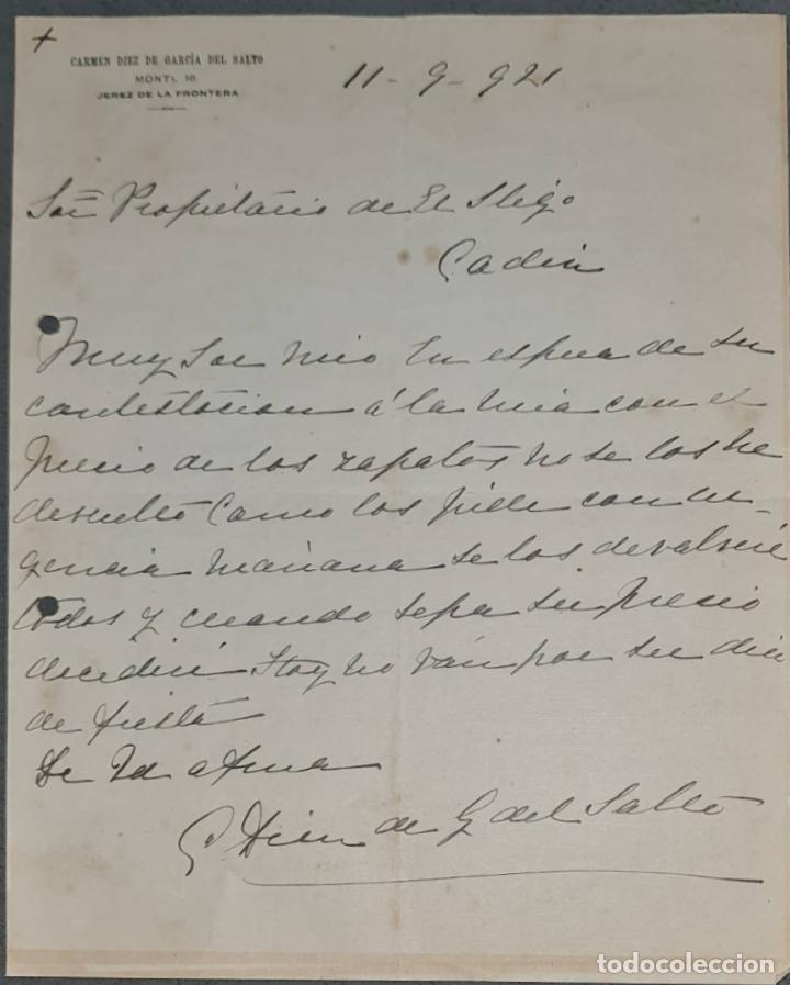 Cartas comerciais: Carmen D&iacute;ez de Garc&iacute;a del Salto. Jerez de la Frontera. Espa&ntilde;a 1921