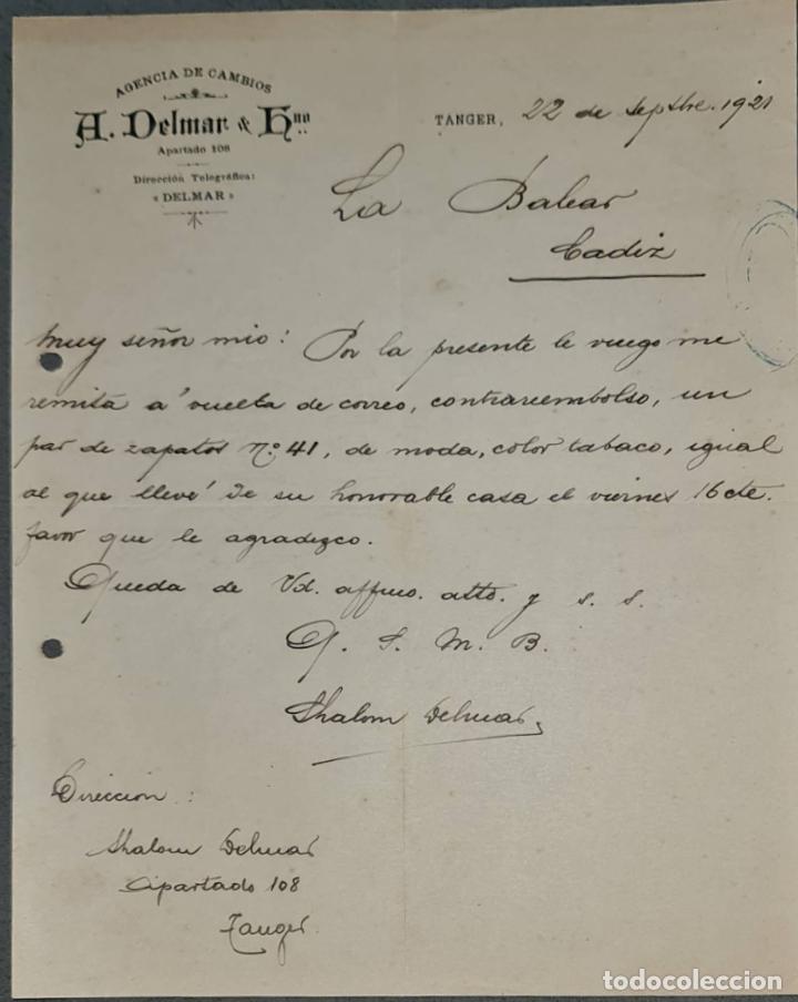 Cartas comerciais: A. Delmar & Hno. Agencia de cambios. T&aacute;nger. Marruecos 1921