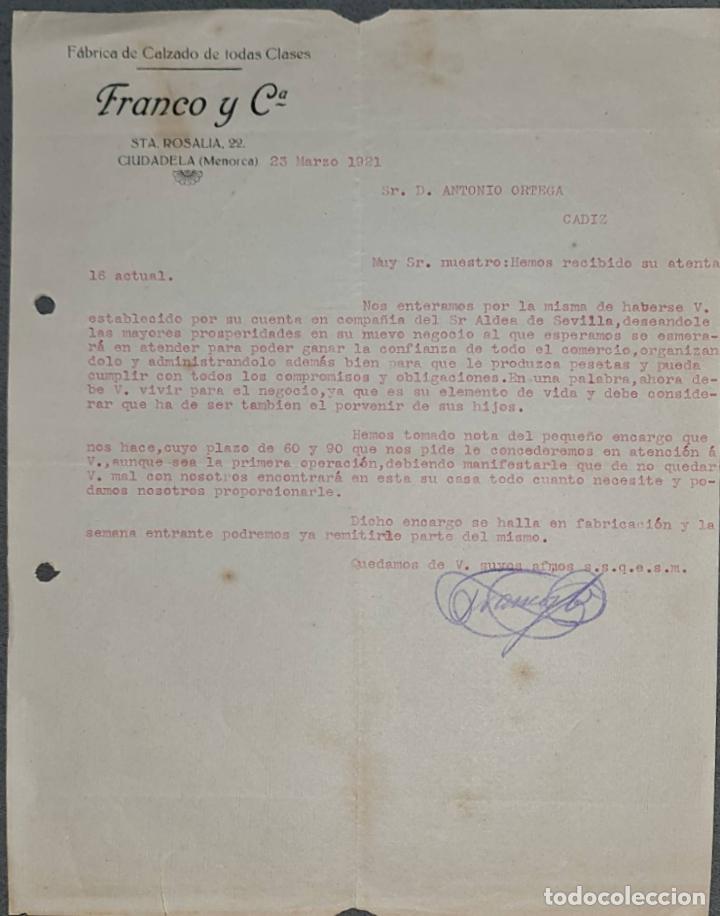 Cartas comerciais: Franco y C&ordf;. F&aacute;brica de calzado de todas clases. Ciudadela. Menorca 1921