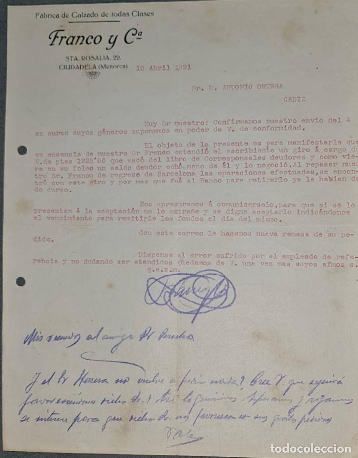 Lettres commerciales: Franco y C&ordf;. F&aacute;brica de calzado de todas clases. Ciudadela. Menorca 1921