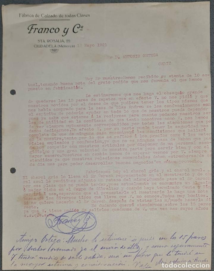 Lettres commerciales: Franco y C&ordf;. F&aacute;brica de calzado de todas clases. Ciudadela. Menorca 1921