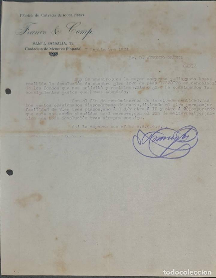 Lettres commerciales: Franco & Compa&ntilde;&iacute;a. F&aacute;brica de Calzado de todas clases. Ciudadela de Menorca. Espa&ntilde;a 1921