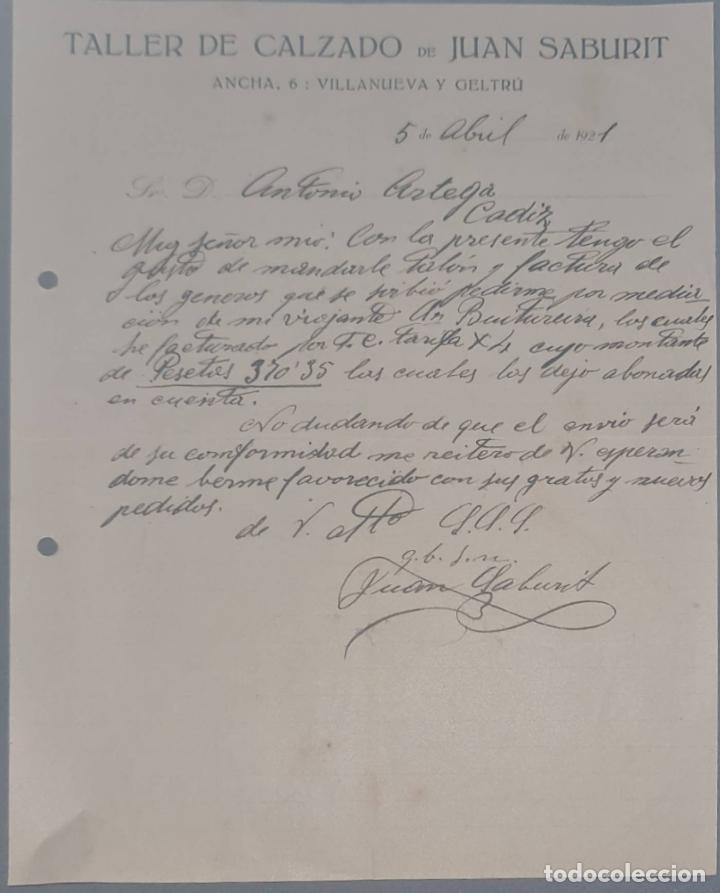 Lettres commerciales: Juan Saburit. Taller de calzado. Villanueva y Geltr&uacute;. Espa&ntilde;a 1921