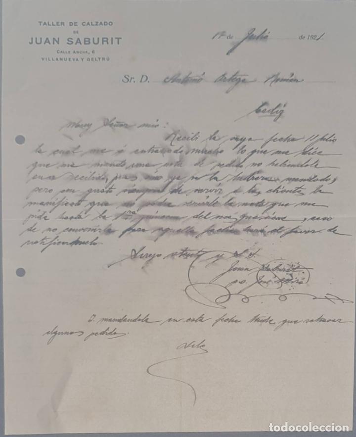Lettres commerciales: Juan Saburit. Taller de calzado. Villanueva y Geltr&uacute;. Espa&ntilde;a 1921