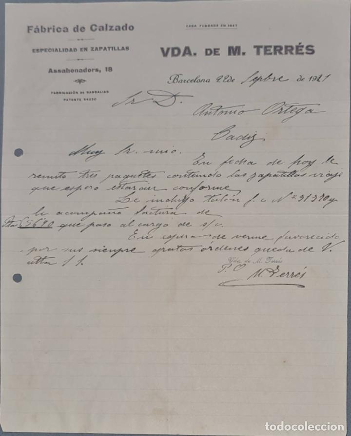 Lettres commerciales: Vda. de M. Terr&eacute;s. F&aacute;brica de calzado. Especialidad en zapatillas. Barcelona. Espa&ntilde;a 1921