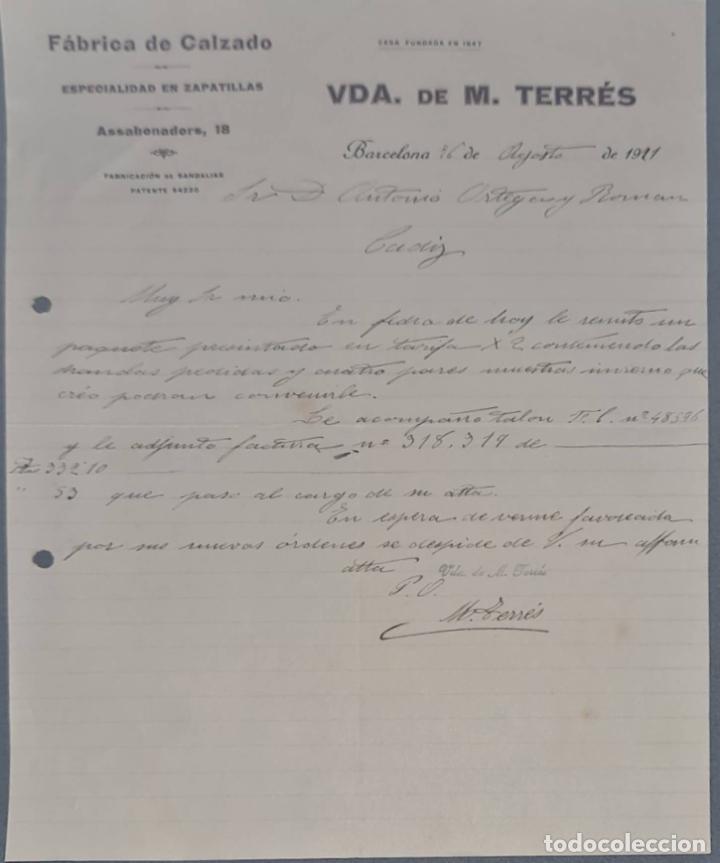 Lettres commerciales: Vda. de M. Terr&eacute;s. F&aacute;brica de calzado. Especialidad en zapatillas. Barcelona. Espa&ntilde;a 1921