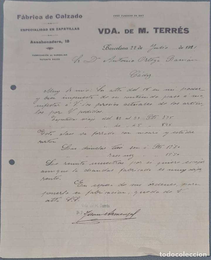 Lettres commerciales: Vda. de M. Terr&eacute;s. F&aacute;brica de calzado. Especialidad en zapatillas. Barcelona. Espa&ntilde;a 1921