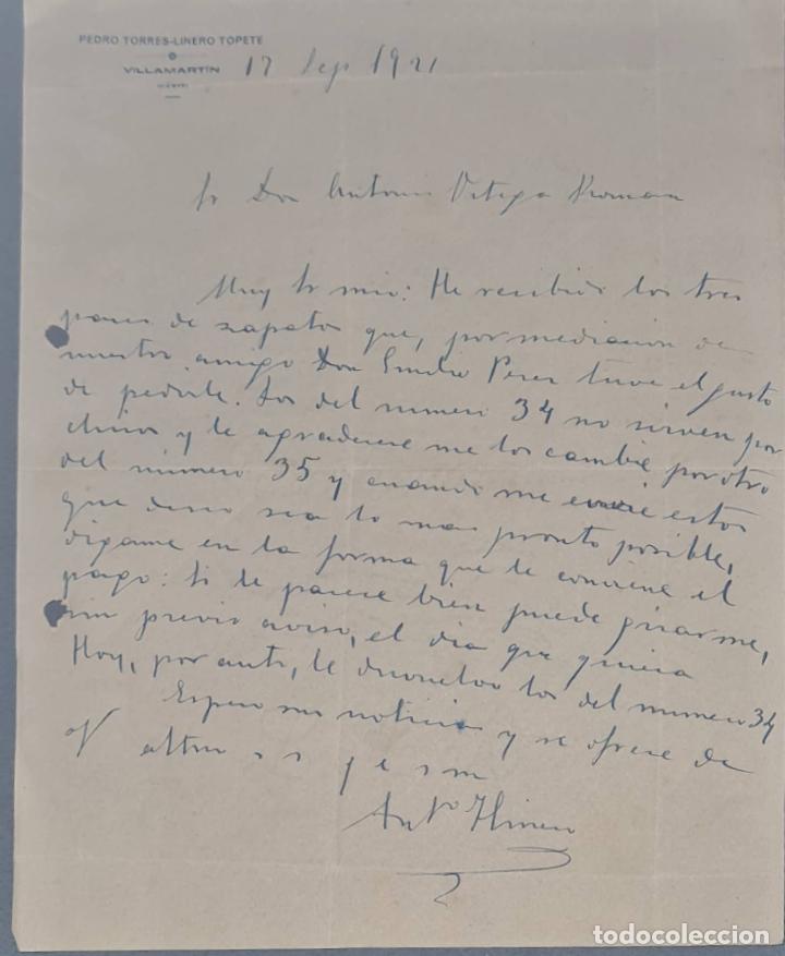 Lettres commerciales: Pedro Torres- Linero Topete. Villamart&iacute;n. C&aacute;diz. Espa&ntilde;a 1921