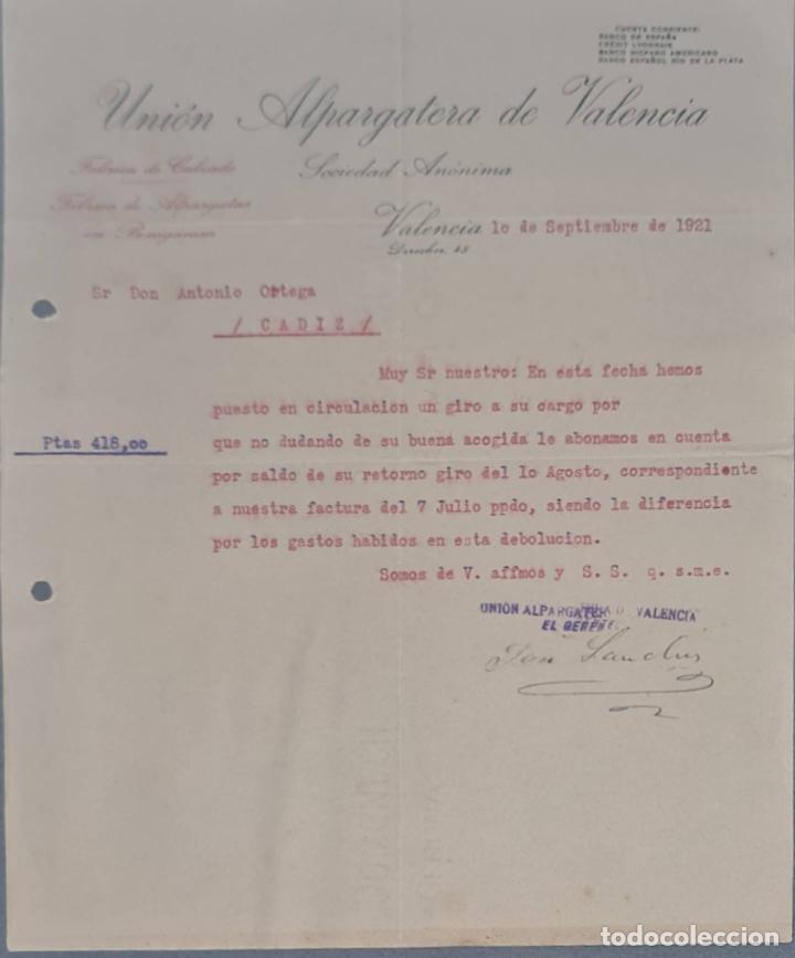 Lettres commerciales: Uni&oacute;n Alpargatera de Valencia. S.A. F&aacute;brica de calzado y Alpargatas. Valencia. Espa&ntilde;a 1921