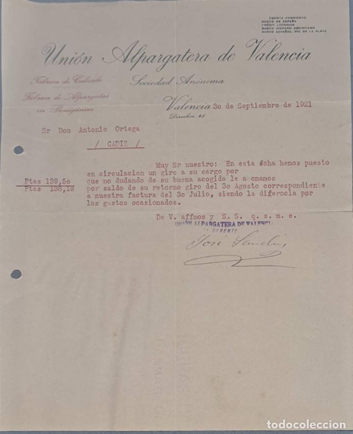 Lettres commerciales: Uni&oacute;n Alpargatera de Valencia. S.A. F&aacute;brica de calzado y Alpargatas. Valencia. Espa&ntilde;a 1921