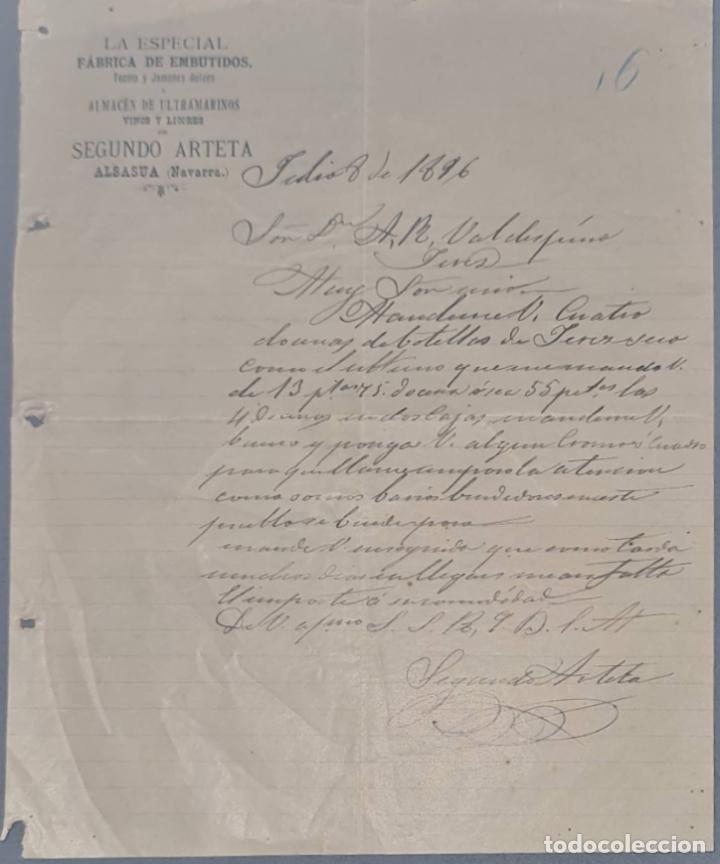Cartas comerciais: Segundo Arteta. La Especial. F&aacute;brica de embutidos y almac&eacute;n Ultramarinos. Navarra. Espa&ntilde;a 1896
