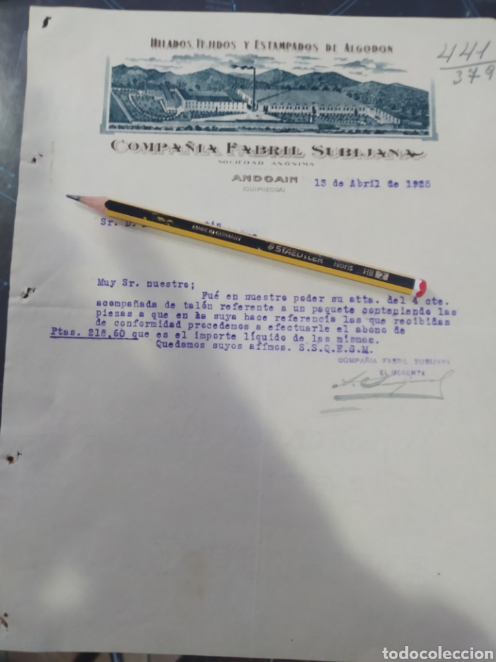 Cartas comerciais: Andoain Guip&uacute;zcoa carta comercial compa&ntilde;&iacute;a fabril subijana