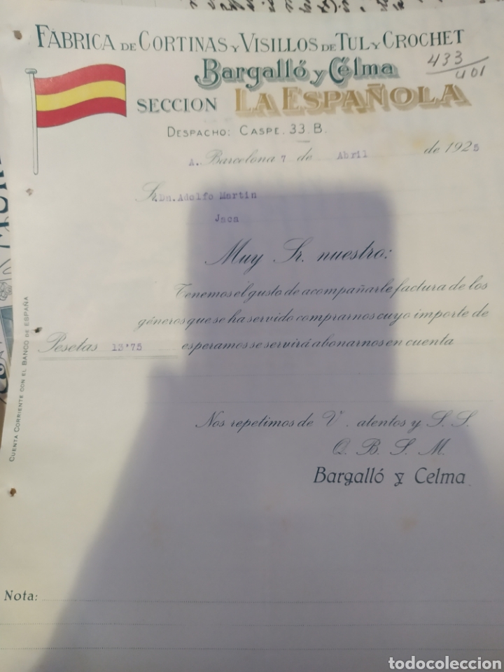 Cartas comerciais: Factura Barcelona f&aacute;brica de cortinas visillos secci&oacute;n La espa&ntilde;ola