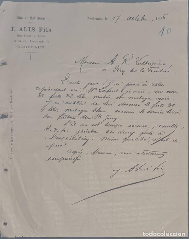 Cartas comerciais: J. Alis Fils. Vins et Spiritueux. Bordeaux. Francia 1896