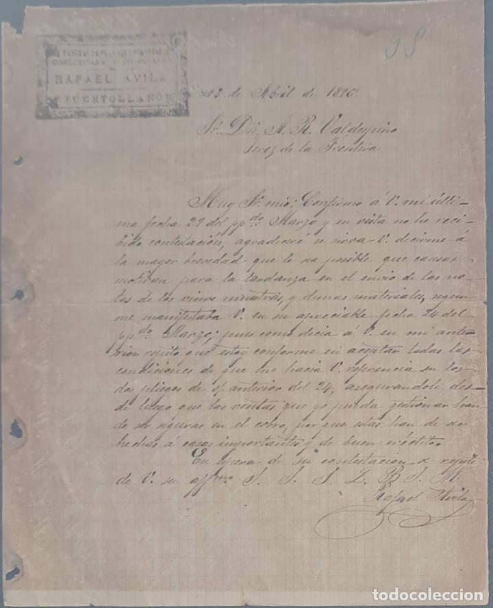 Cartas comerciais: Rafael Avila. Comestibles y Coloniales. Puertollano. Espa&ntilde;a 1896