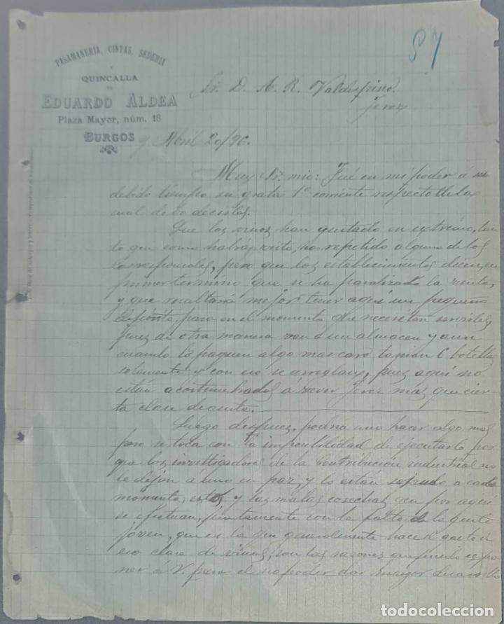 Lettres commerciales: Eduardo Aldea. Pasamaner&iacute;a, cintas, seder&iacute;a y quincalla. Burgos. Espa&ntilde;a 1896