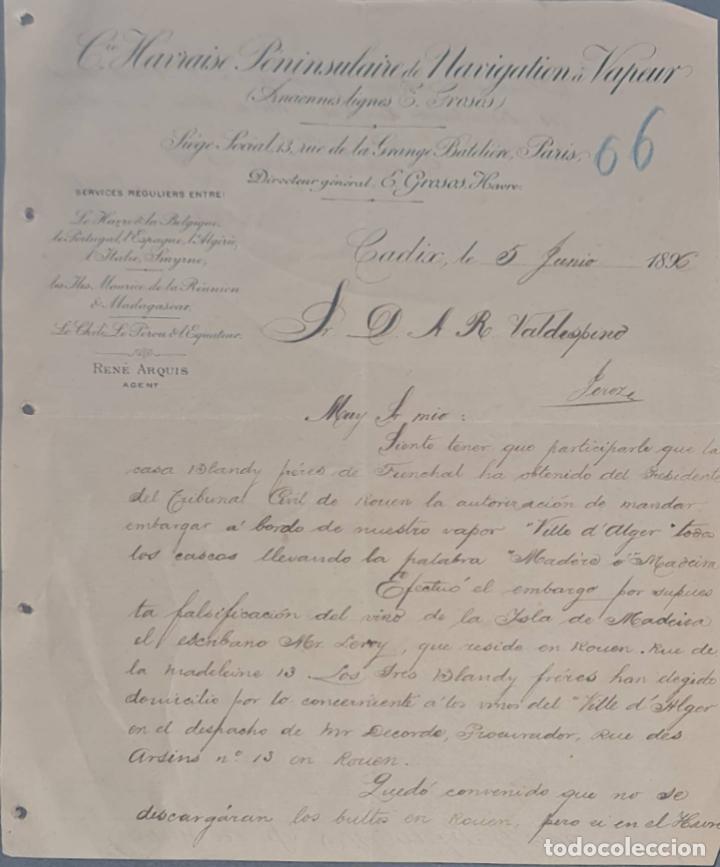 Lettres commerciales: C&iacute;e. Harvaise Peninsulaire de Navigation &aacute; Vapeur. Anciennes lignes E. Grosos. C&aacute;dix. Espa&ntilde;a 1896
