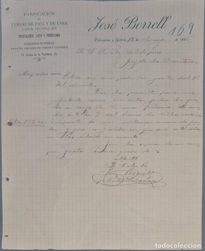 Lettres commerciales: Jos&eacute; Borrell. Fabricaci&oacute;n de fundas de paja y Enea para botellas. Villanueva y Geltr&uacute;. Espa&ntilde;a 1896