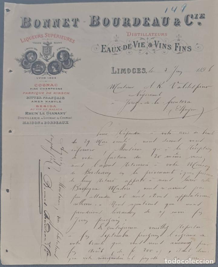 Lettres commerciales: Bonnet- Bourdeau & C&iacute;e. Distillateurs. Eaux de Vie & Vins Fins. Limoges. Francia 1896
