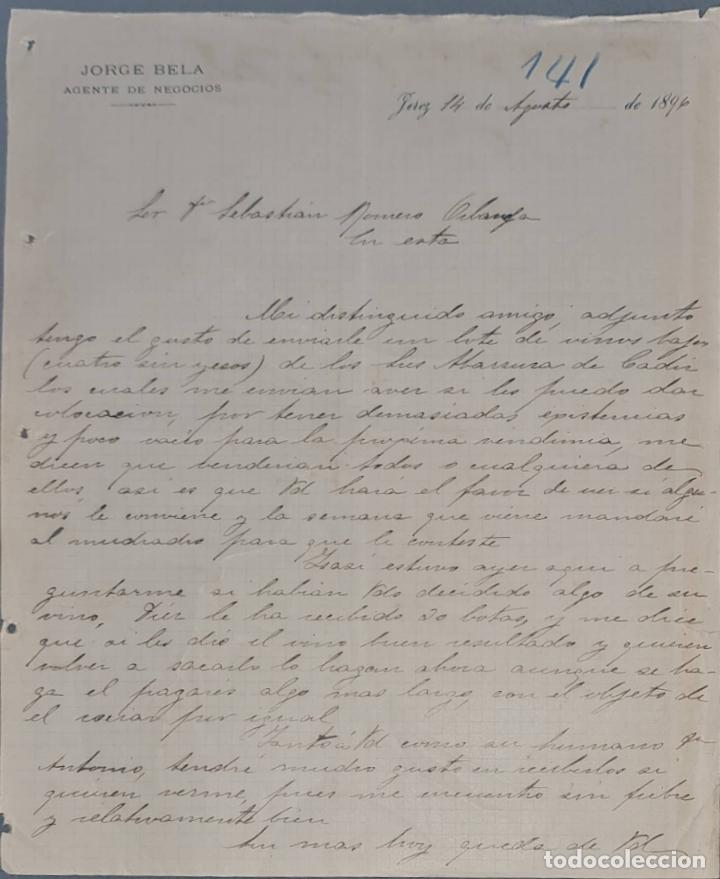 Lettres commerciales: Jorge Bela. Agente de negocios. Jerez. Espa&ntilde;a 1896